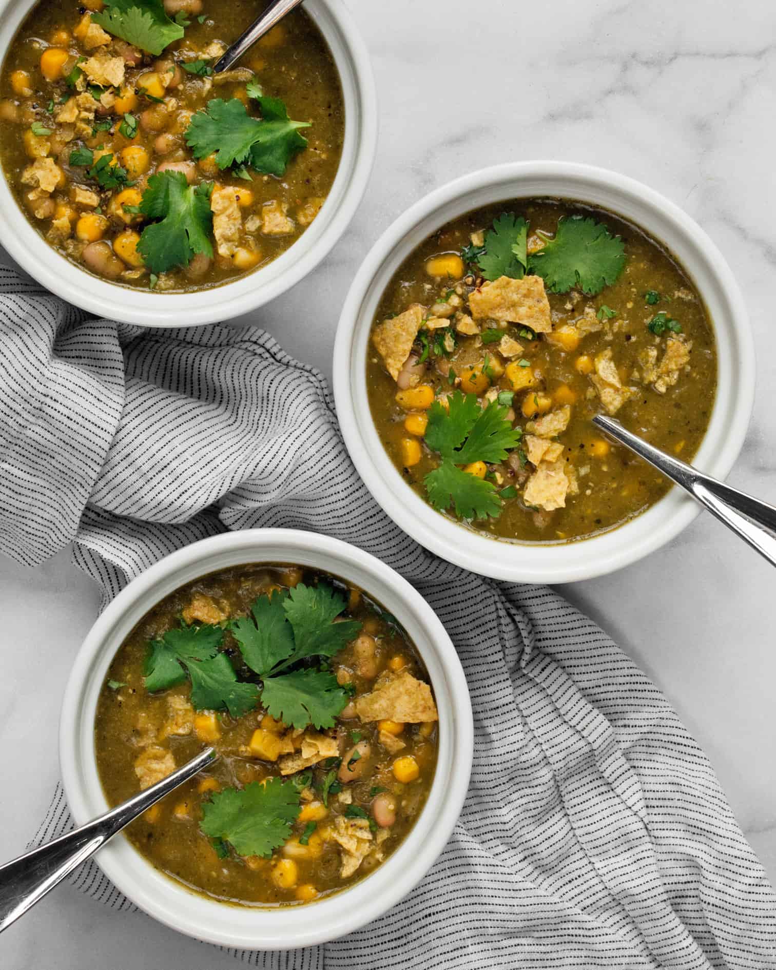 Chile verde in 3 bowls