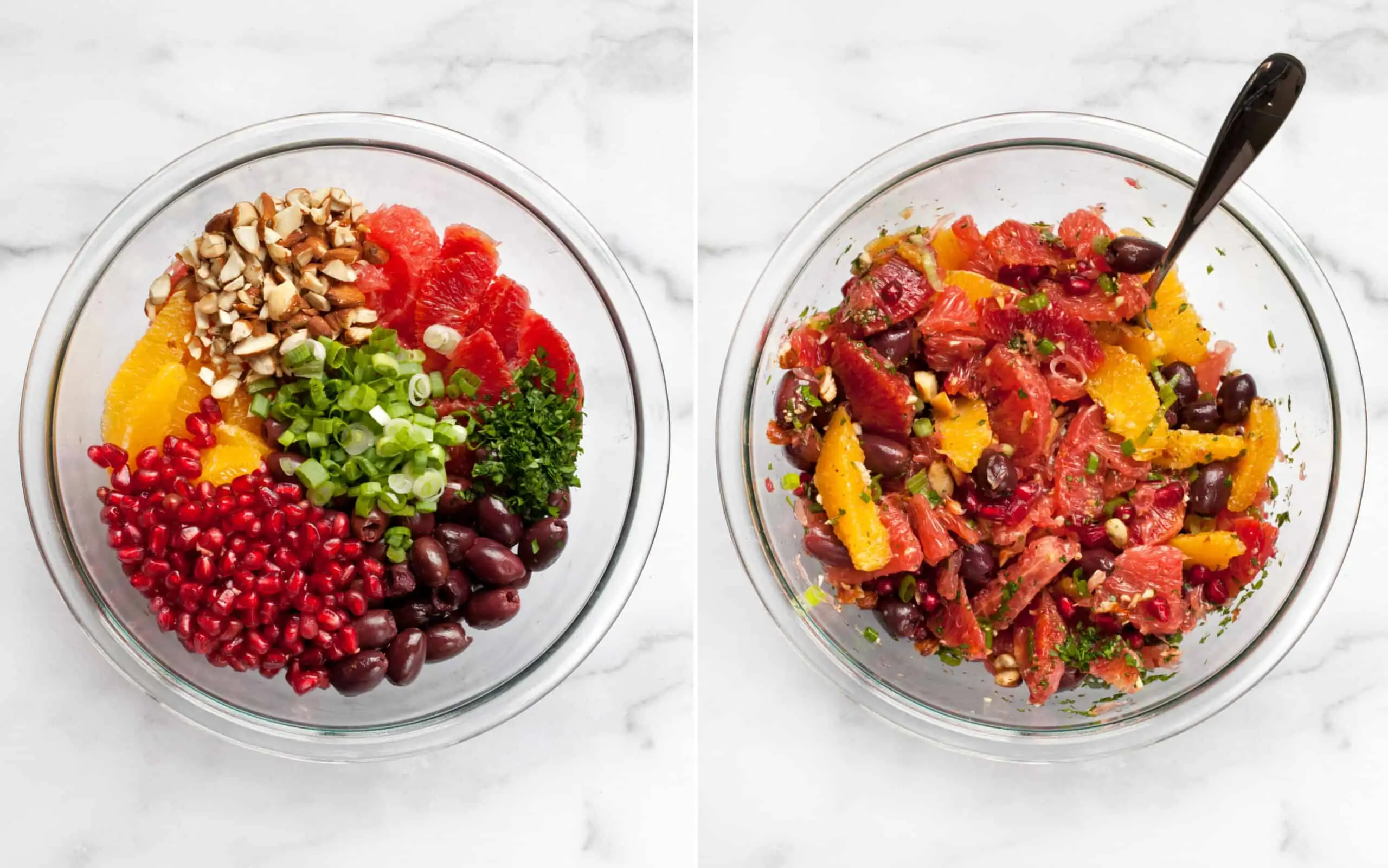 Combine the citrus, olives, almonds, pomegranate seeds and scallions in a bowl and stir them together
