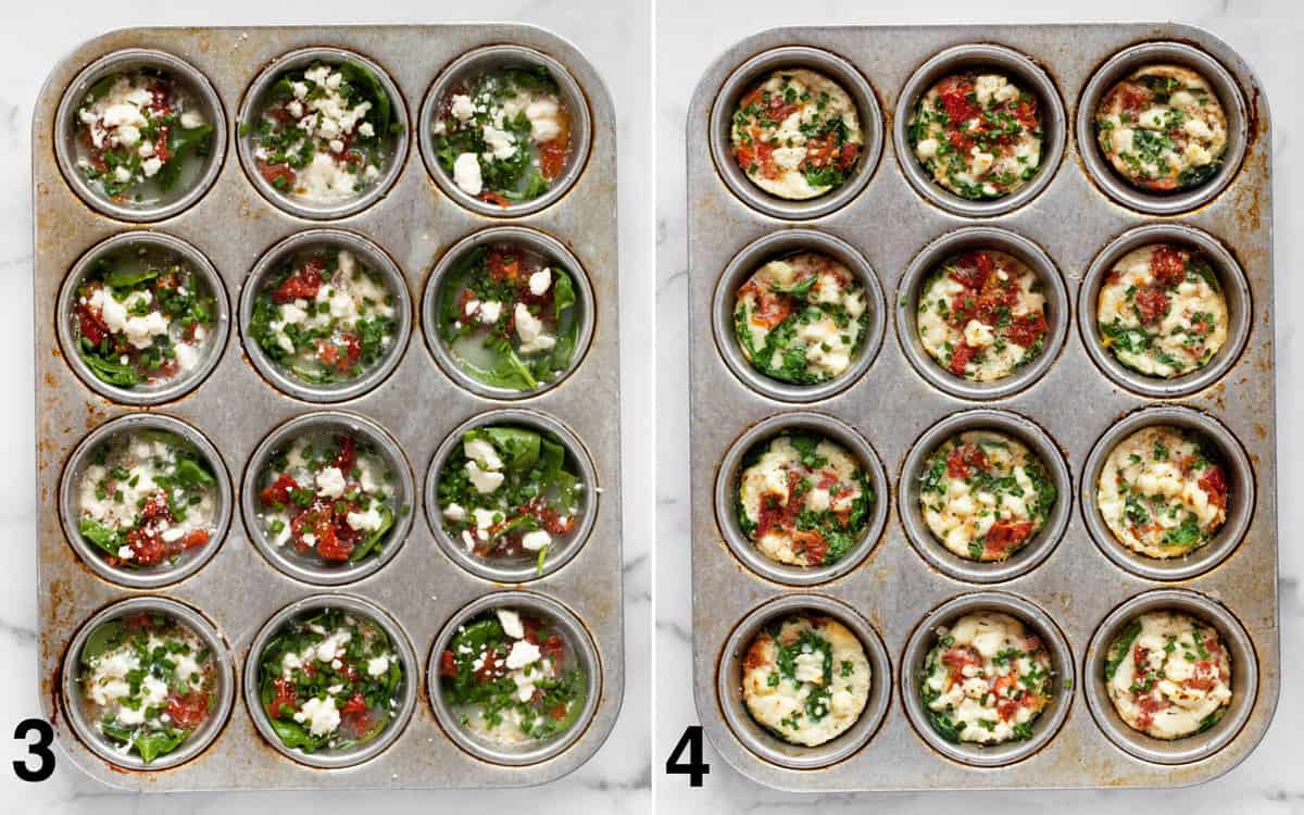 Assembled egg white bites before and after baking.