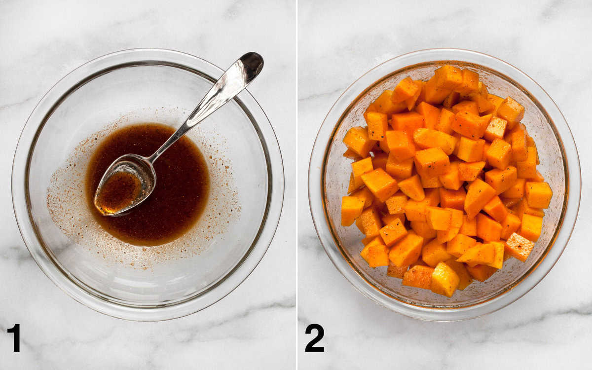 OIl and spices stirred in a bowl. Butternut squash cubes stirred in spiced oil.