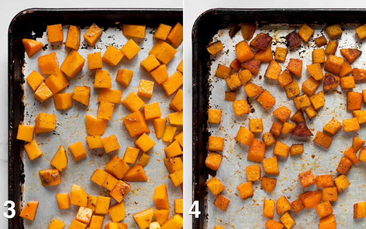 Butternut squash on a pan before and after it roasts.