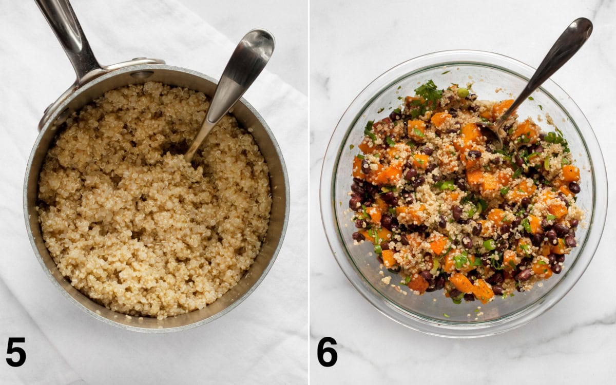 Quinoa in a small pot. Butternut squash and black beans stirred with quinoa in a bowl.