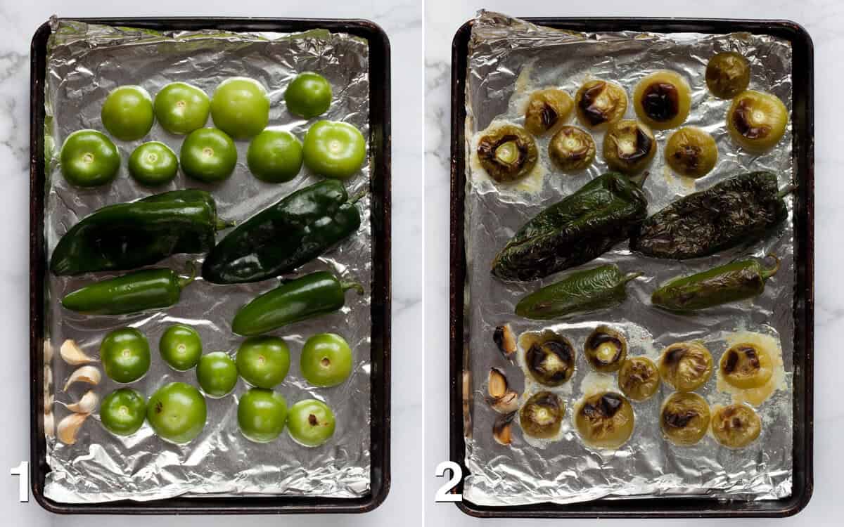 Poblano peppers, tomatillos and garlic on a sheet pan before and after they are broiled.