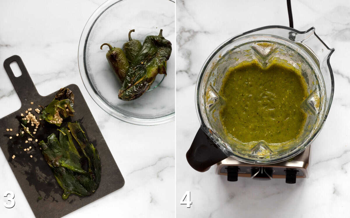 Poblano peppers peeled in a bowl and chopped on a cutting board. Pureed peppers, tomatillos and garlic in a blender.