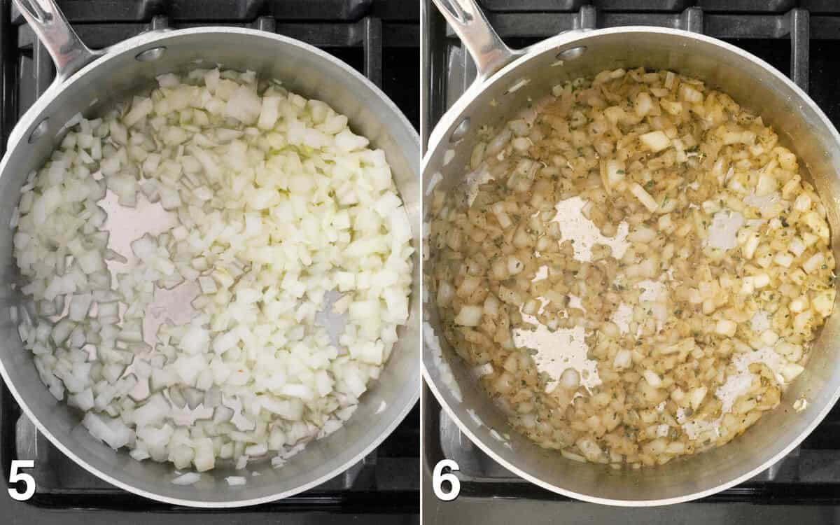 Onions sauteing in a soup pot. Dried spices stirred into sauteed onions.