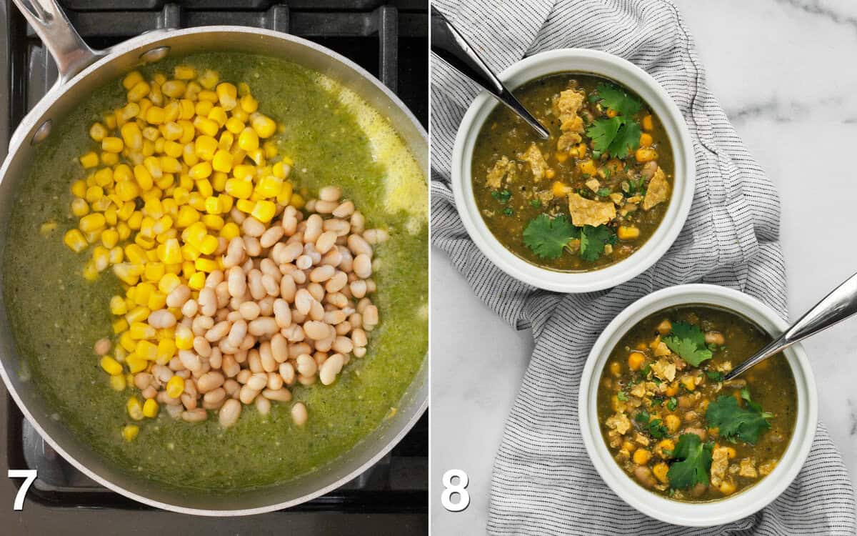 Soup in a pot on the stove with corn and white beans. Two bowls of chile verde topped with cilantro and crumbled tortilla chips.