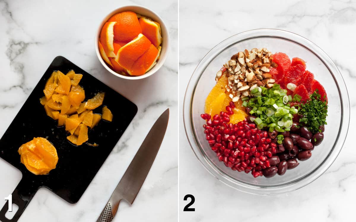 Orange cut into segments. Salad ingredients in a bowl.