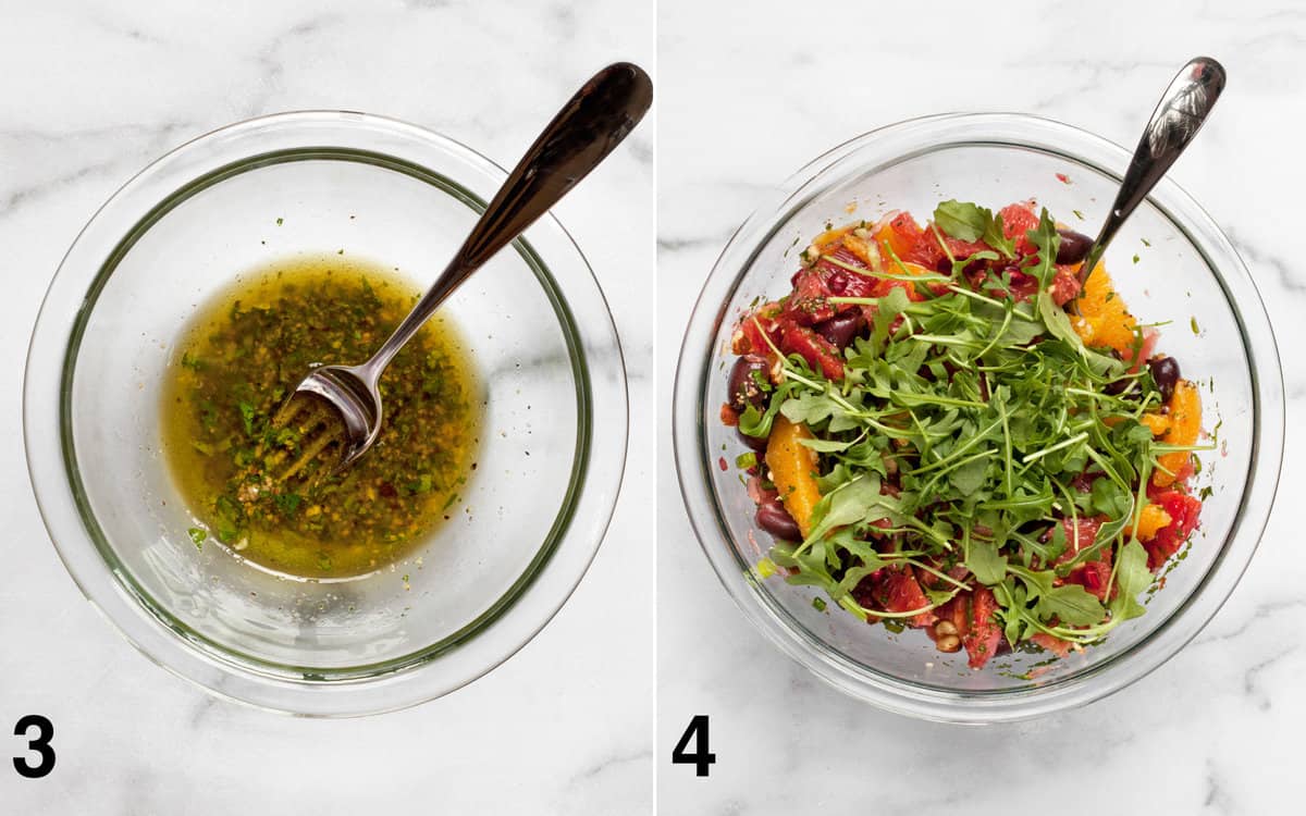 Champagne vinaigrette in a bowl. Salad ingredients combined in a large bowl.