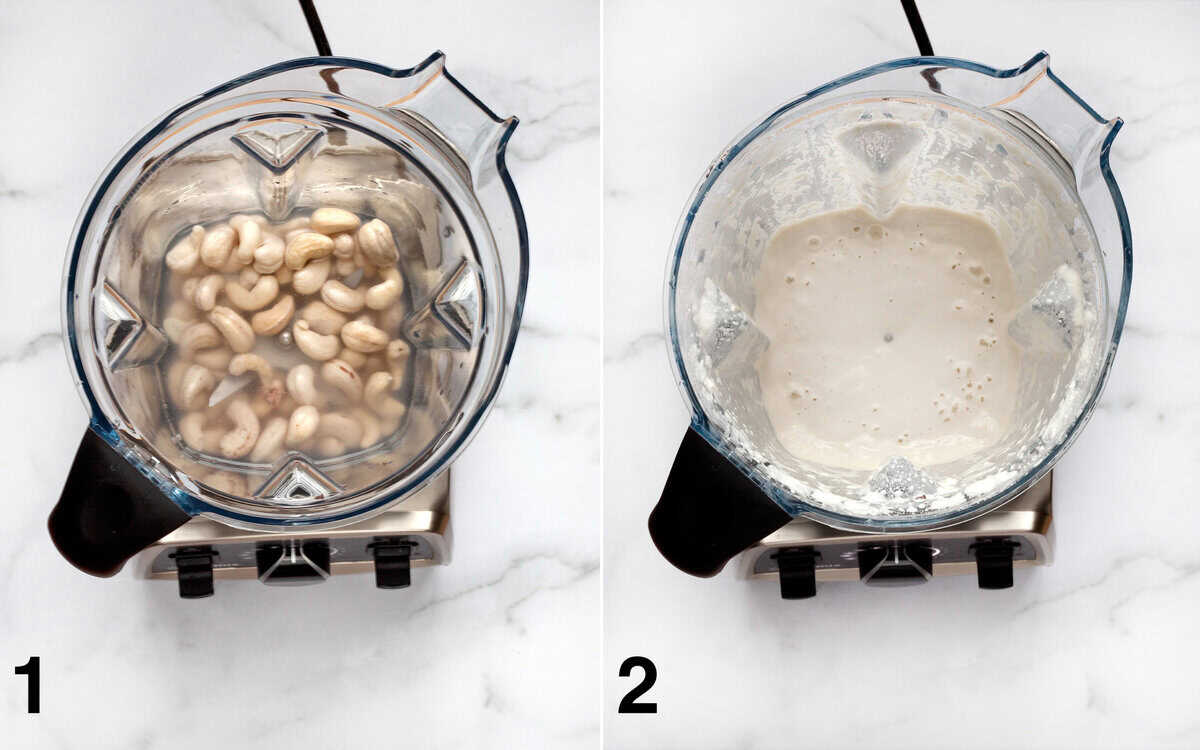 Cashews soaking in water in a blender. Cashews purred into cream.