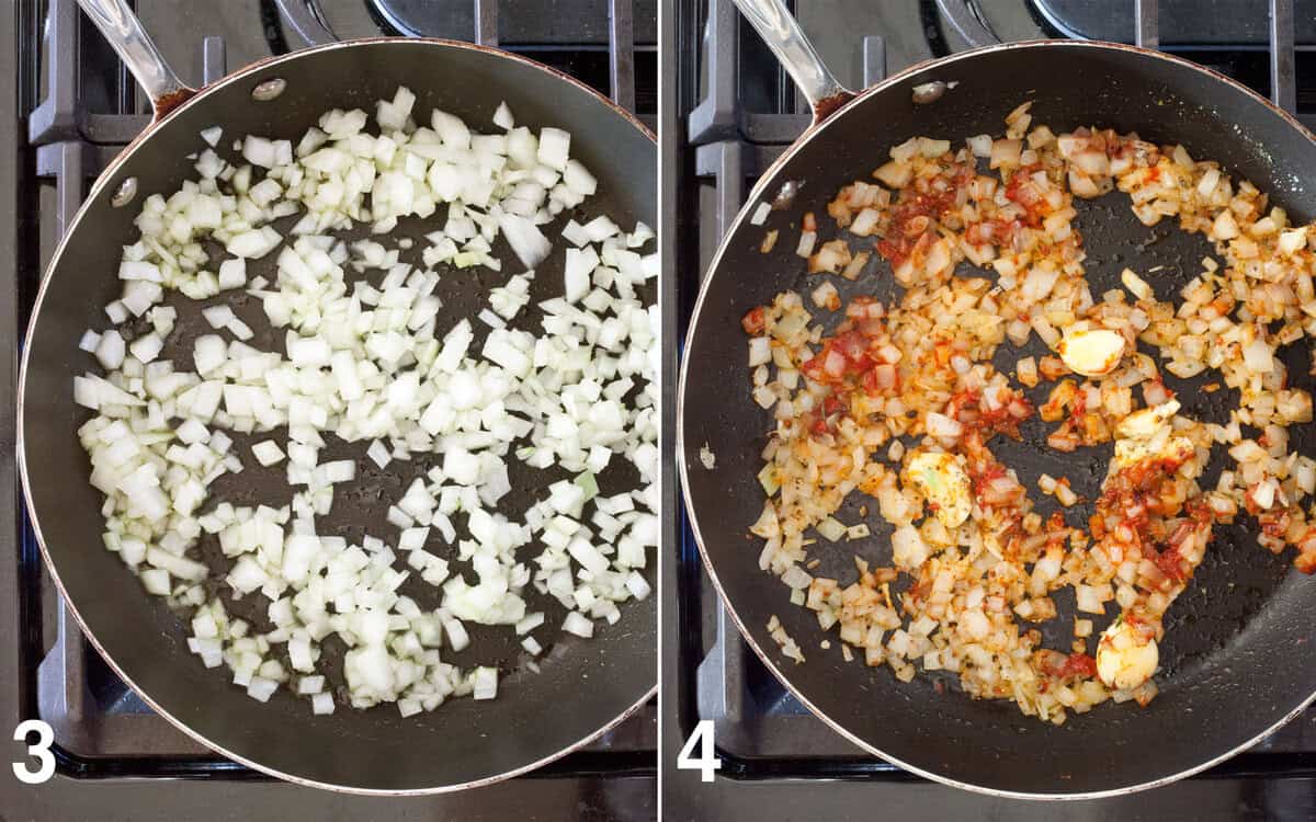 Onions sautéing in a skillet. Tomato paste and aromatics stirred into onions.
