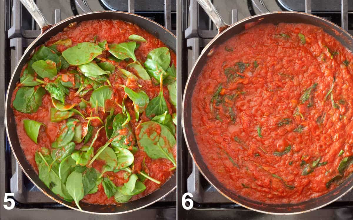 Canned tomatoes and spinach poured into skillet. Cooked tomato sauce in a skillet.