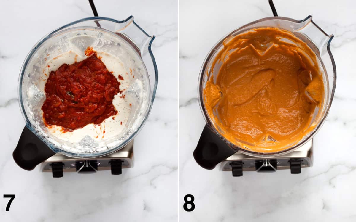 Tomatoes and cream in a blender. Pureed sauce in a blender.