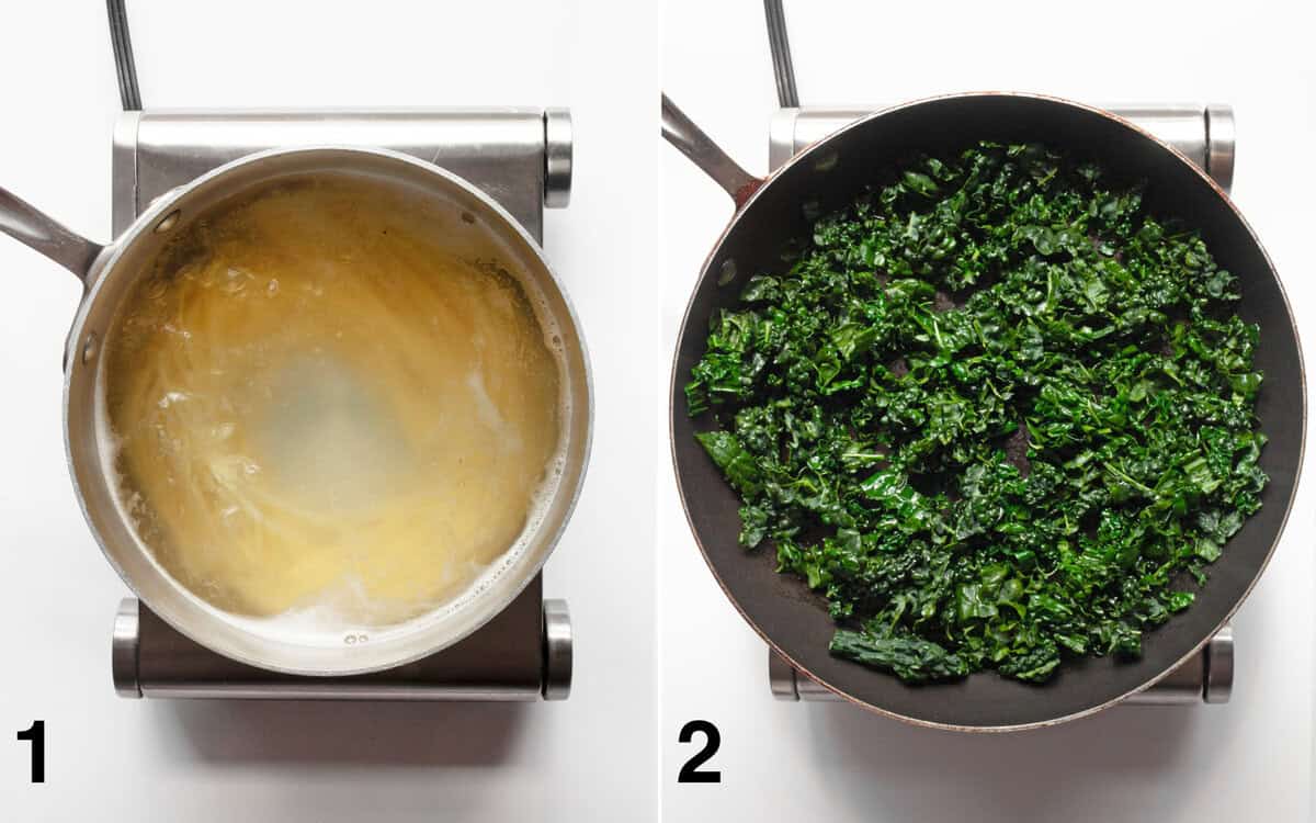 Cook the pasta in a large pot. Then sauté the kale in a skillet.