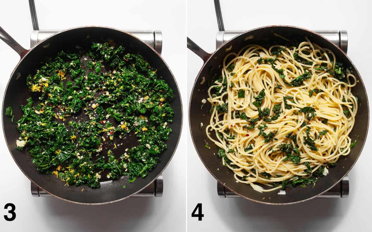Stir the lemon zest & juice, garlic and spices into the sautéed kale. Then stir the spaghetti into the skillet.