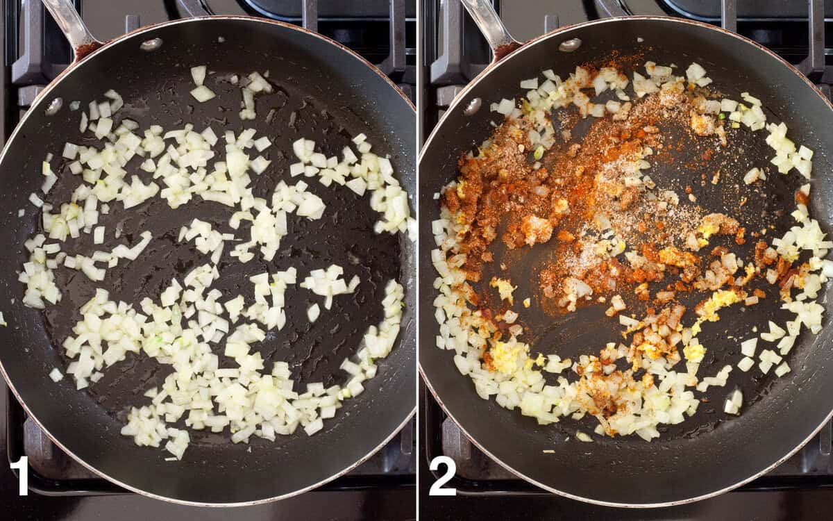 Sauteed onions in a skillet. Dried spices, garlic and ginger stirred into sauteed onions.