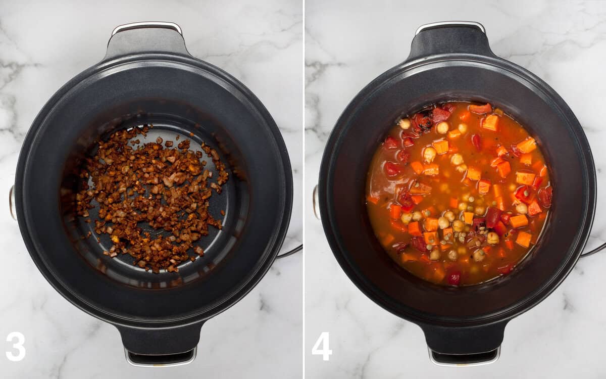 Sauteed onions in a slow cooker. The res of the ingredients poured into crockpot before cooking.