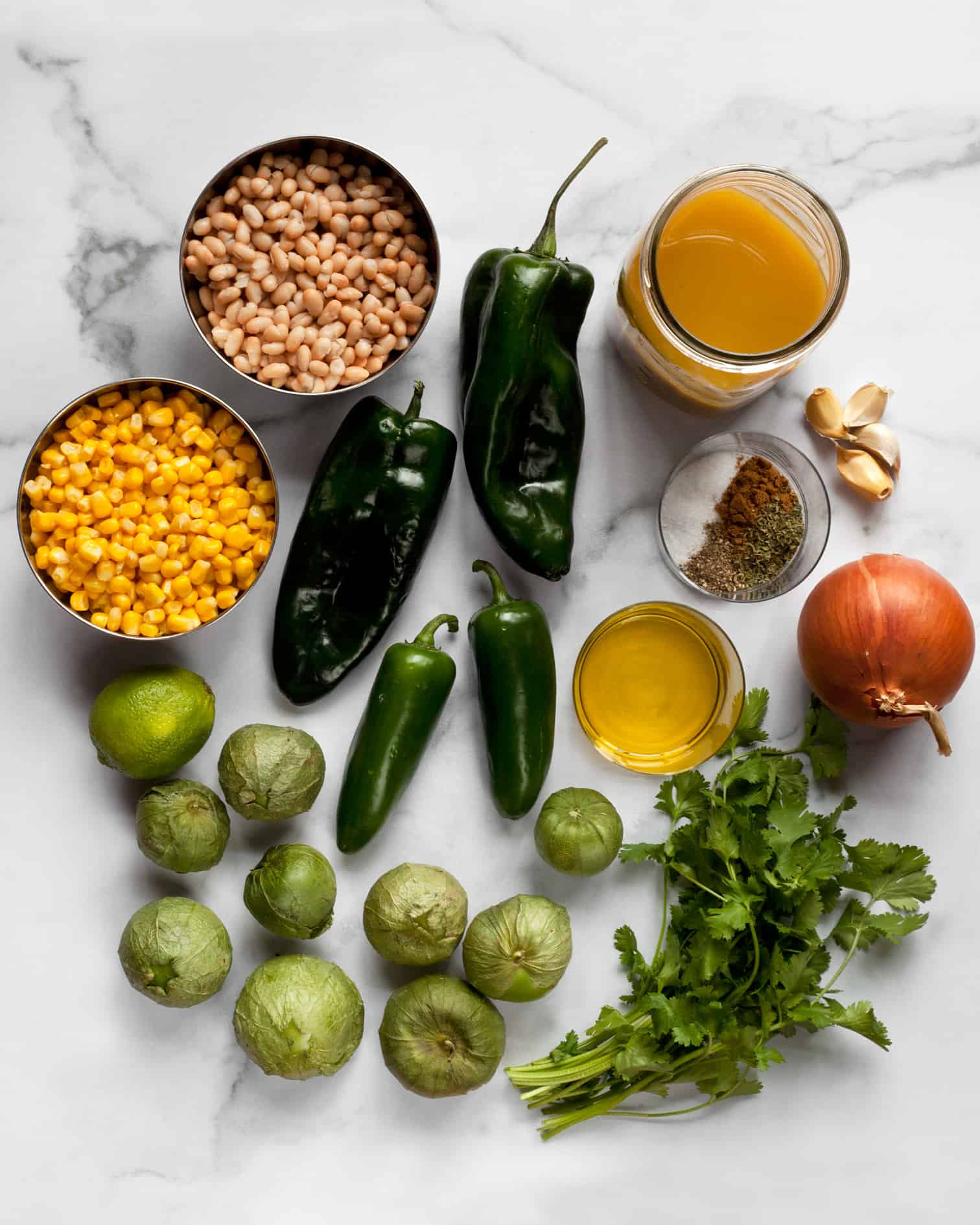 Ingredients including tomatillos, poblano peppers and jalapenos