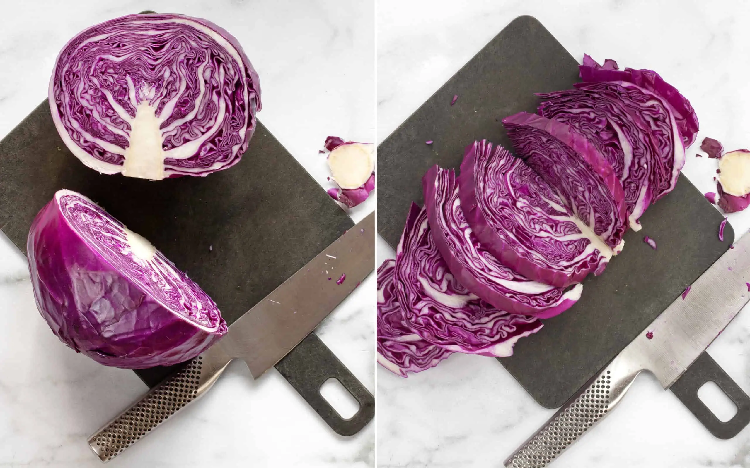 Halved cabbage head on a cutting board and sliced cabbage on another cutting board.