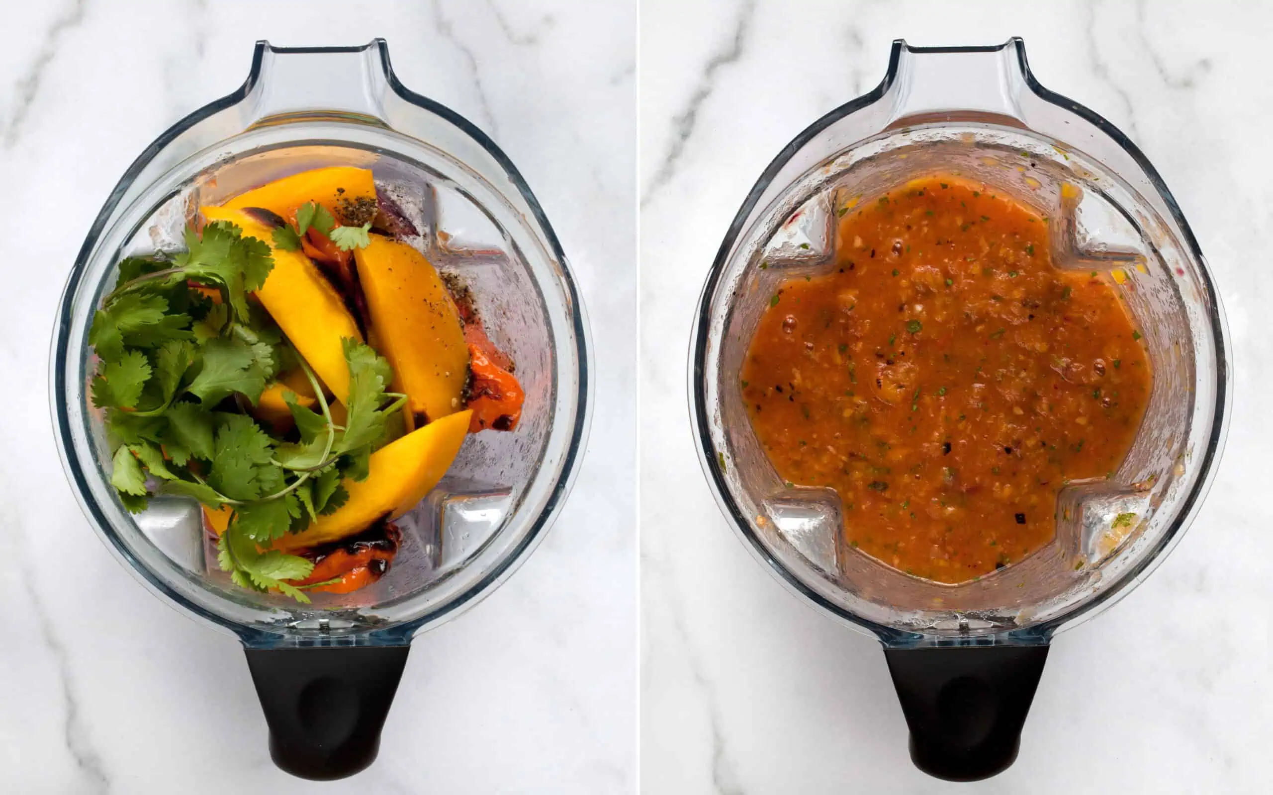Salsa ingredients in a blender before and after they are pureed