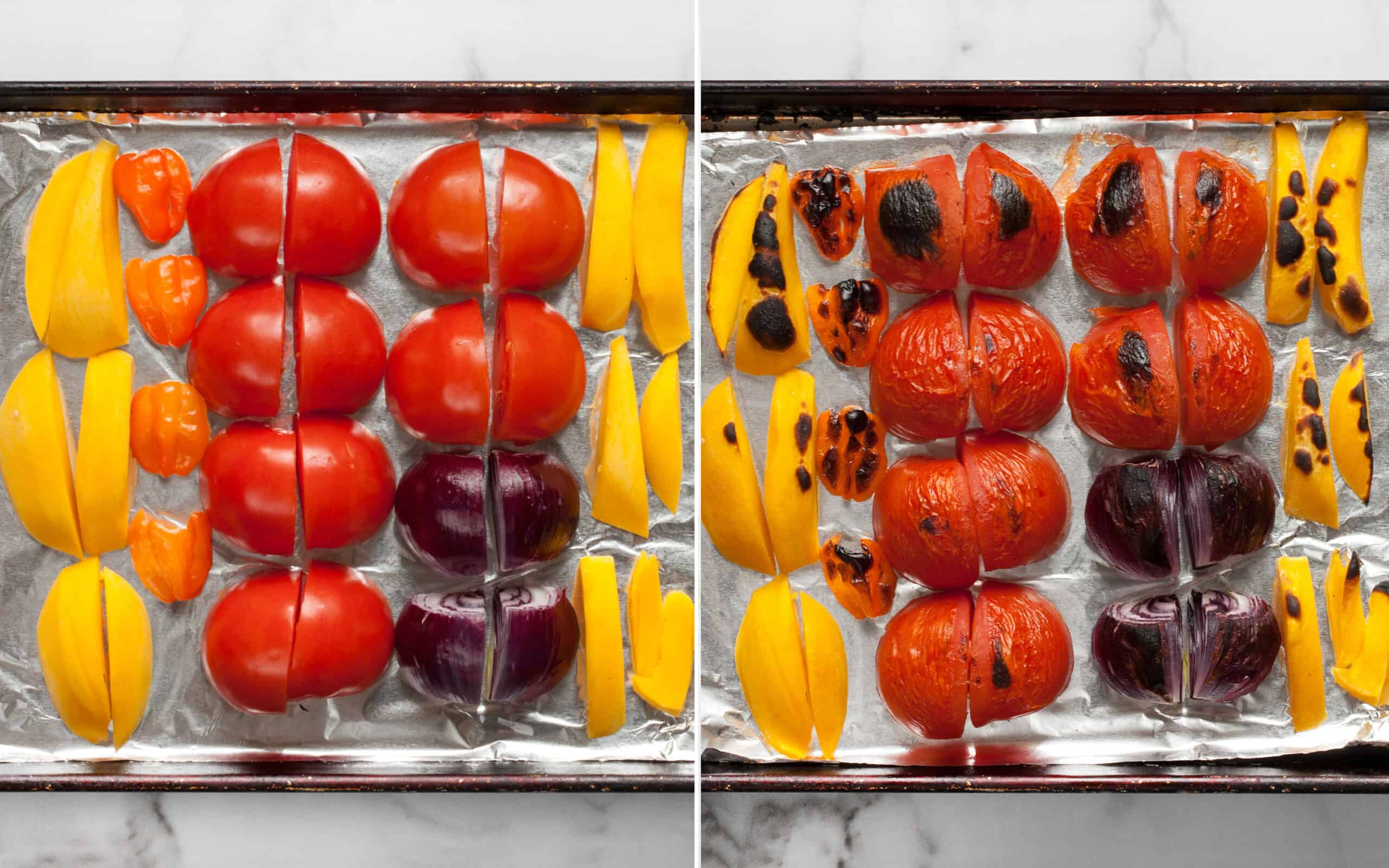 Ingredients for salsa on a sheet pan before and after they are broiled