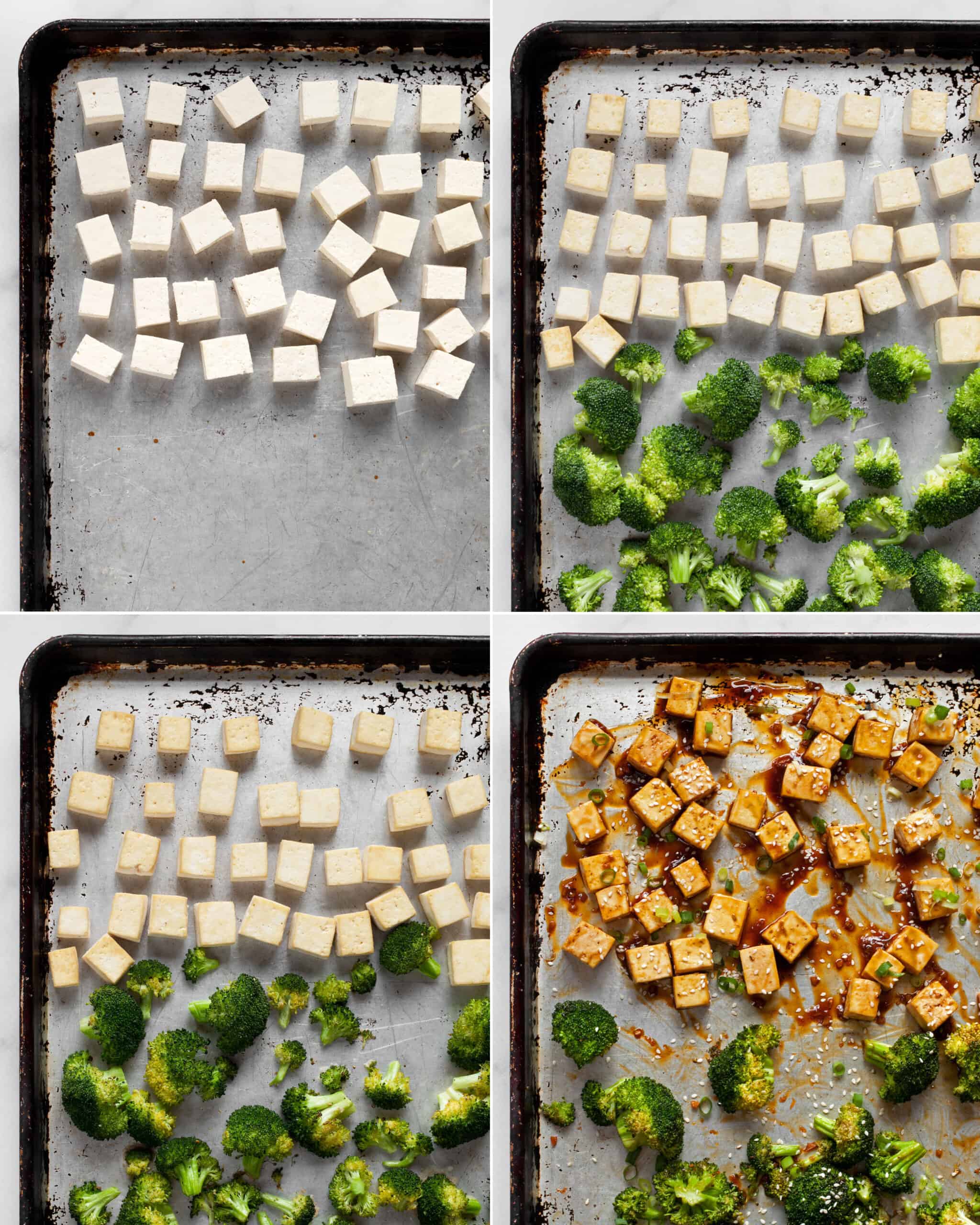 Steps showing how to bake tofu and broccoli on a sheet pan