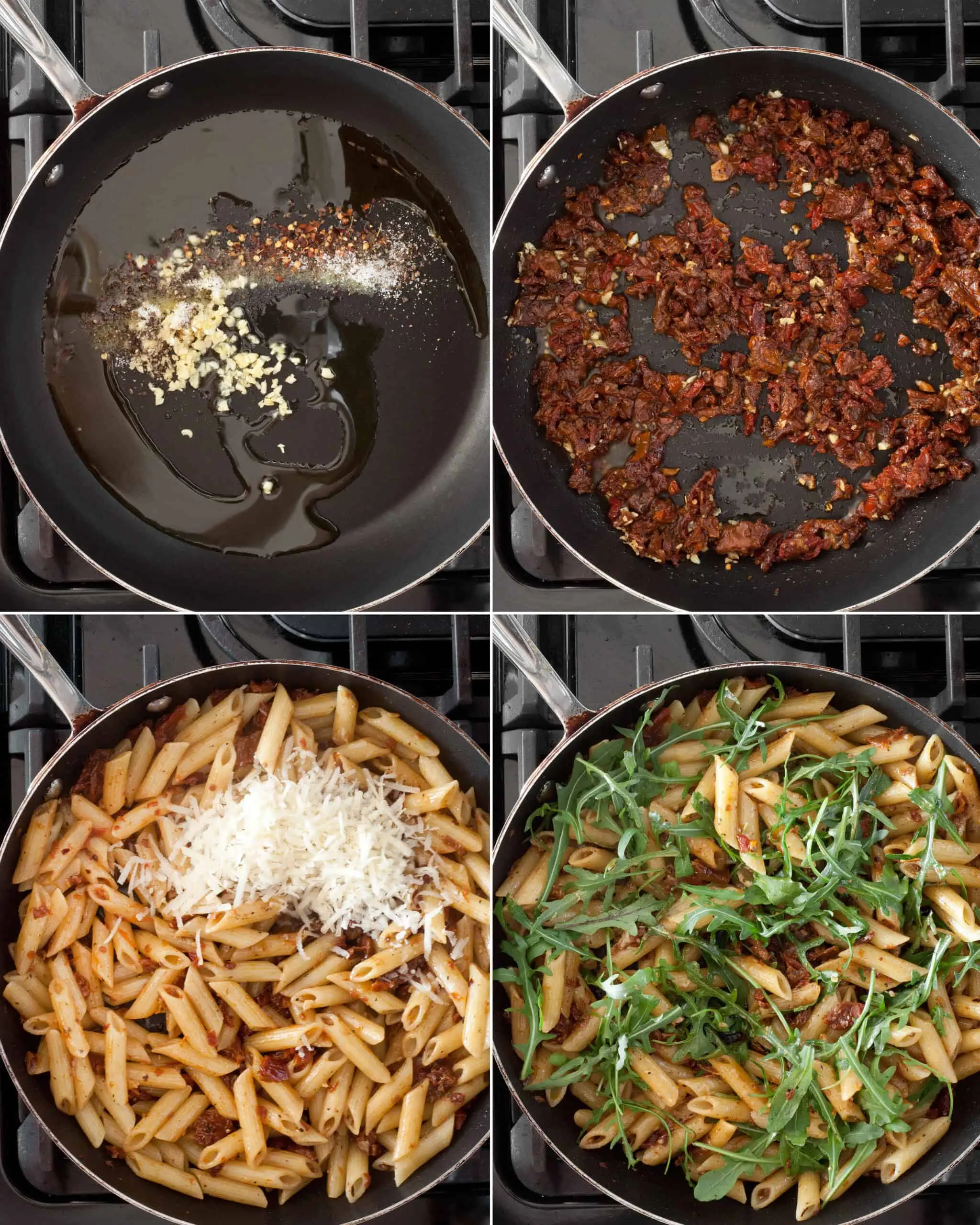 Steps showing how to make pasta with sun dried tomatoes, parmesan and arugula on the stove top