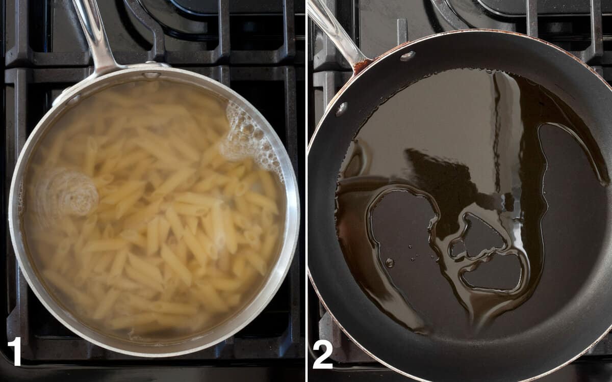 Cook the pasta in a pot on the stove. Then warm the olive oil in a skillet.