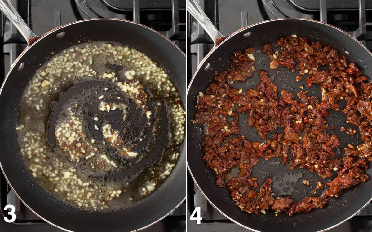 Saute the garlic and spices in a skillet. Then stir in the sun dried tomatoes.