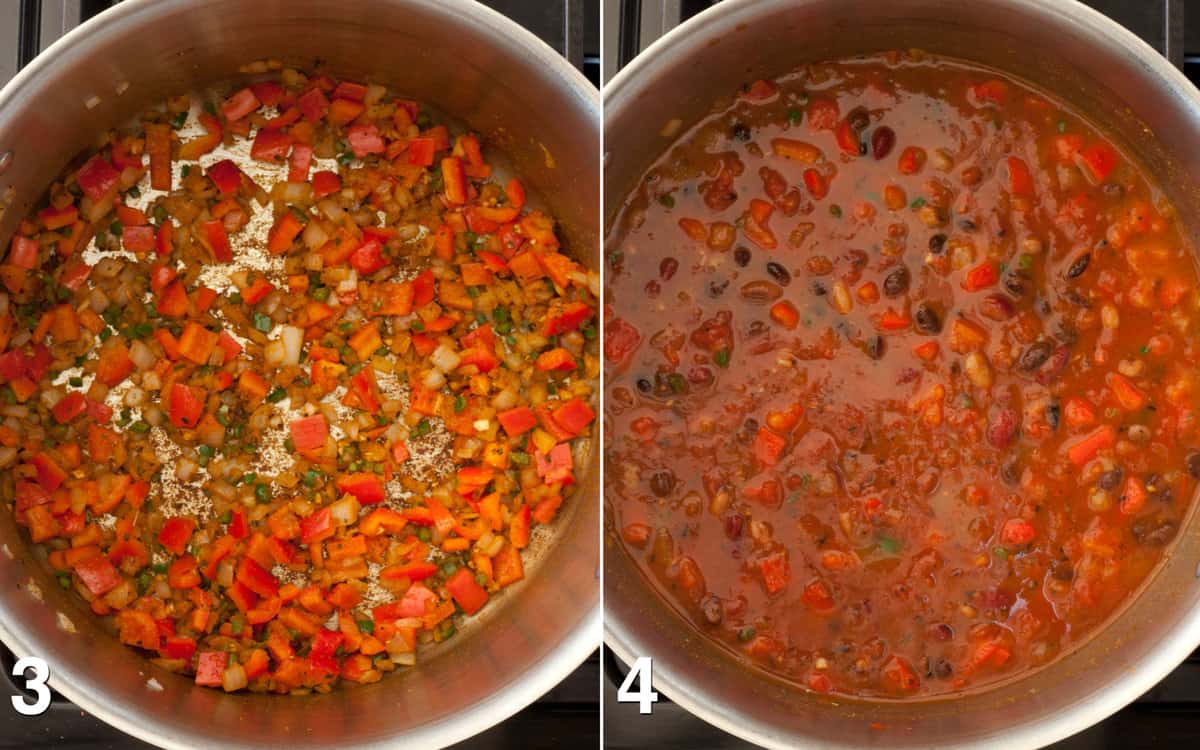 Sauté the red peppers with the onions. Add the beans and tomatoes and simmer the chili.