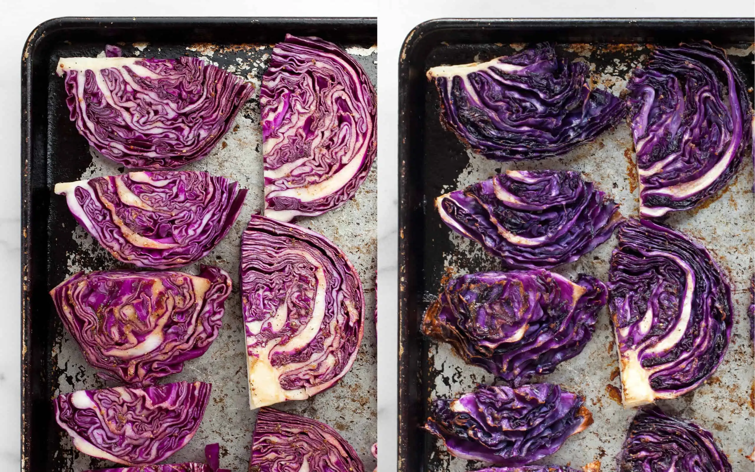 marinated raw cabbage on a sheet pan, and roasted cabbage slices on another sheet pan.