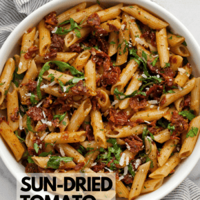 Sun dried tomato pasta in a serving bowl.