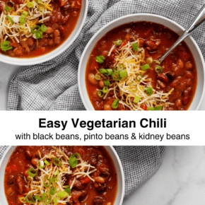 Three bowls of vegetarian chili.