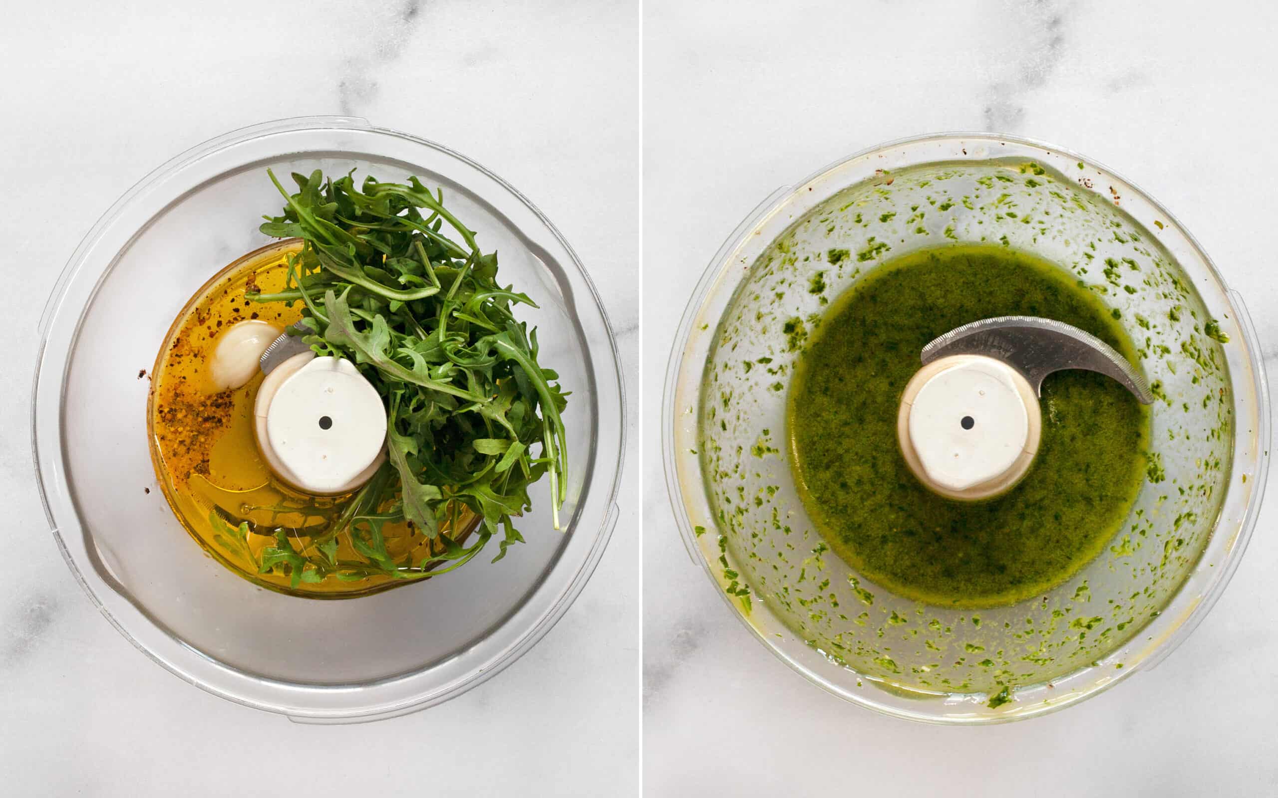 Arugula vinaigrette in a food processor bowl before and after it is pureed.