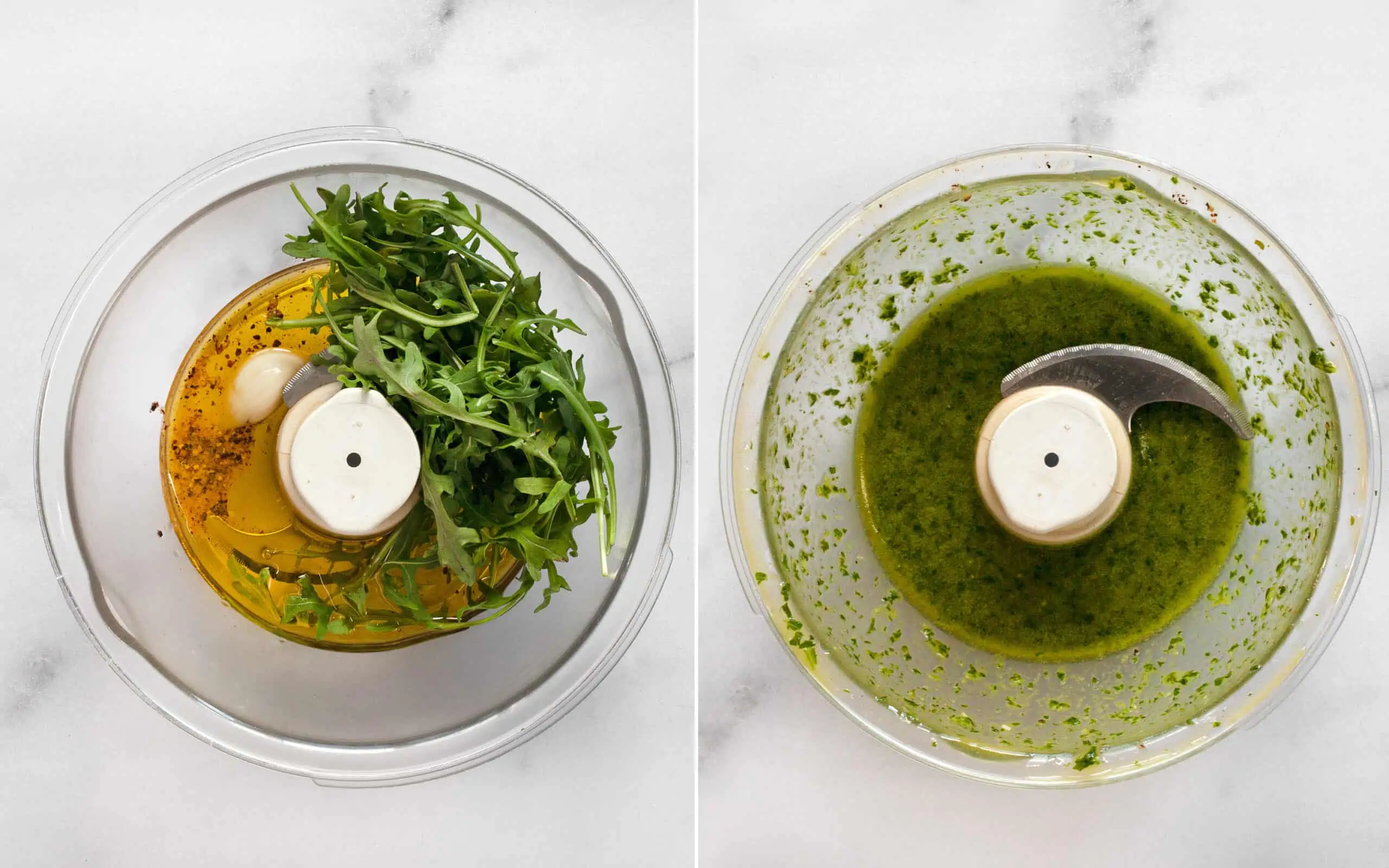 Arugula vinaigrette in a food processor bowl before and after it is pureed.