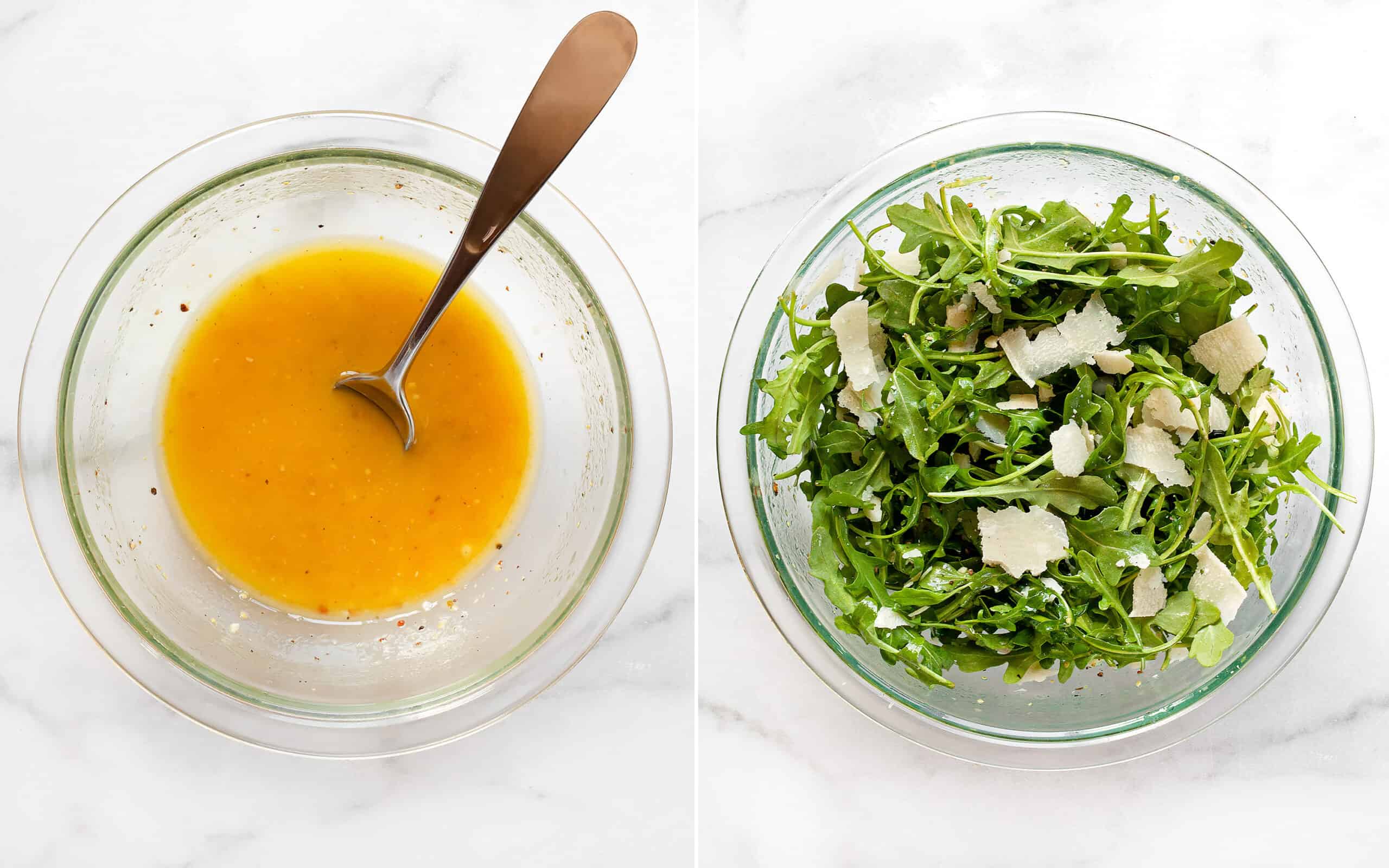 Whisk together the lemon vinaigrette in a bowl. Arugula salad mixed with Parmesan and lemon vinaigrette in a bowl and drizzle it into the arugula and Parmesan.