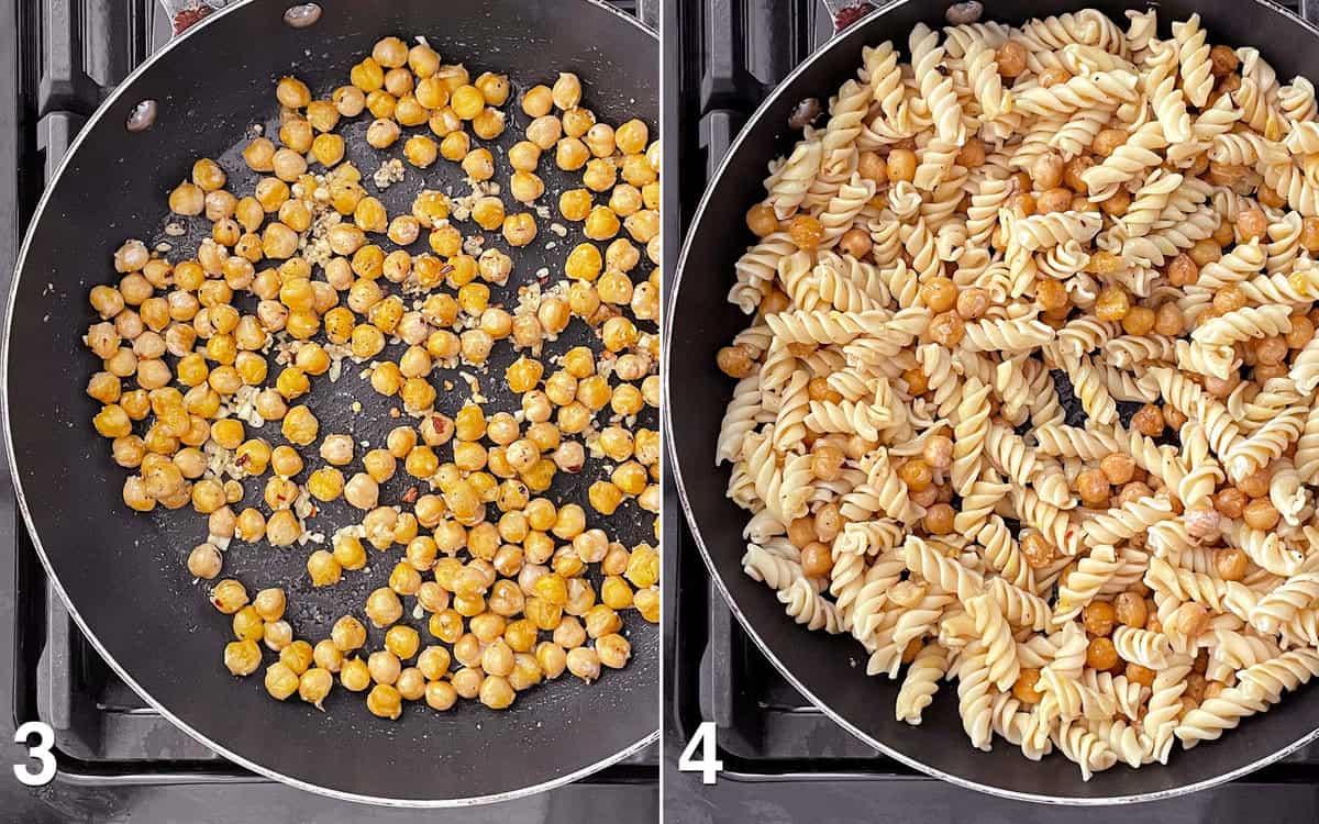 Add the garlic and spices to the sautéed chickpeas in the skillet. Stir in the pasta.