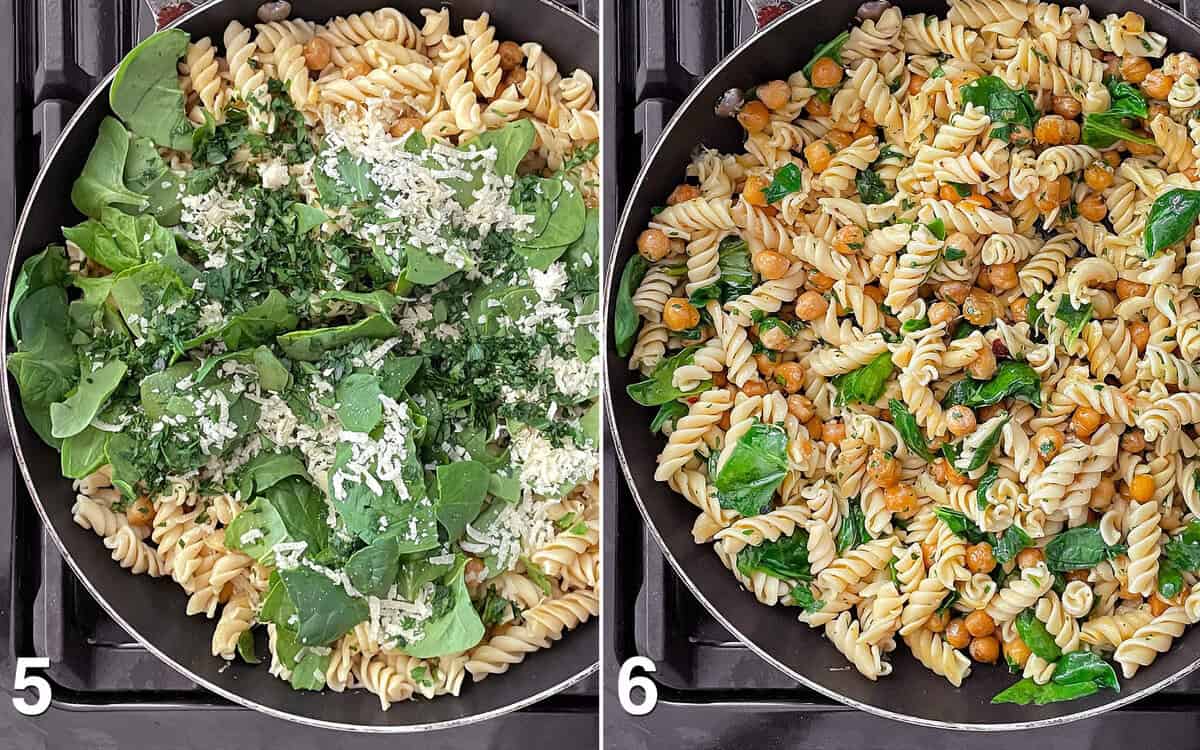 Stir the spinach into the pasta and chickpeas in the skillet, letting the greens wilt.