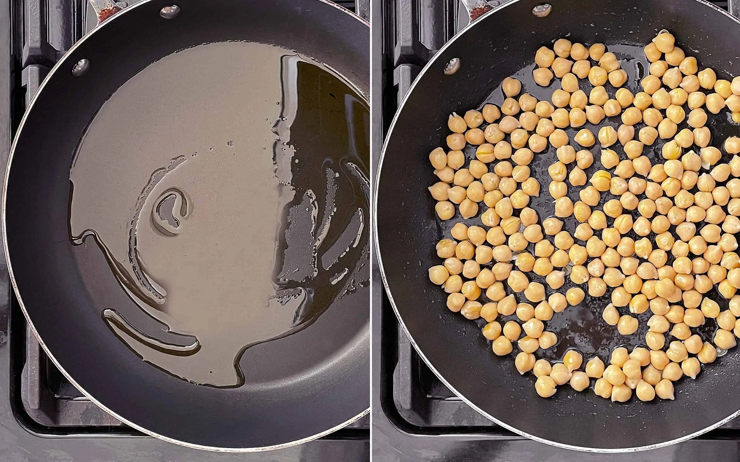 Heat the olive oil in a skillet on the stove. Add the chickpeas.