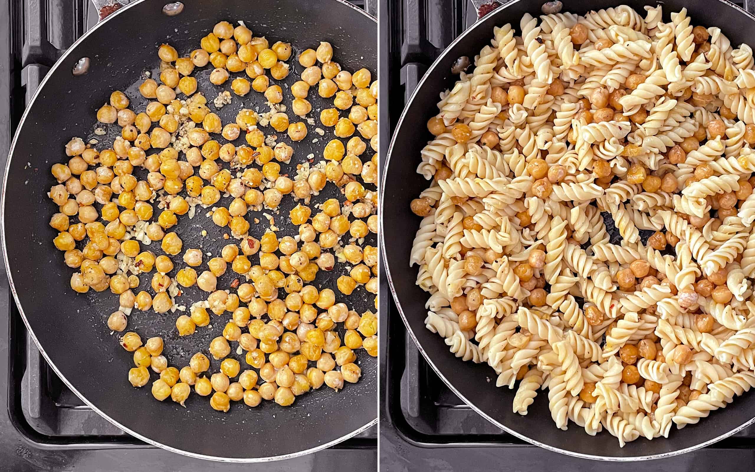 Add the garlic and spices to the sauteed chickpeas in the skillet. Stir in the pasta.