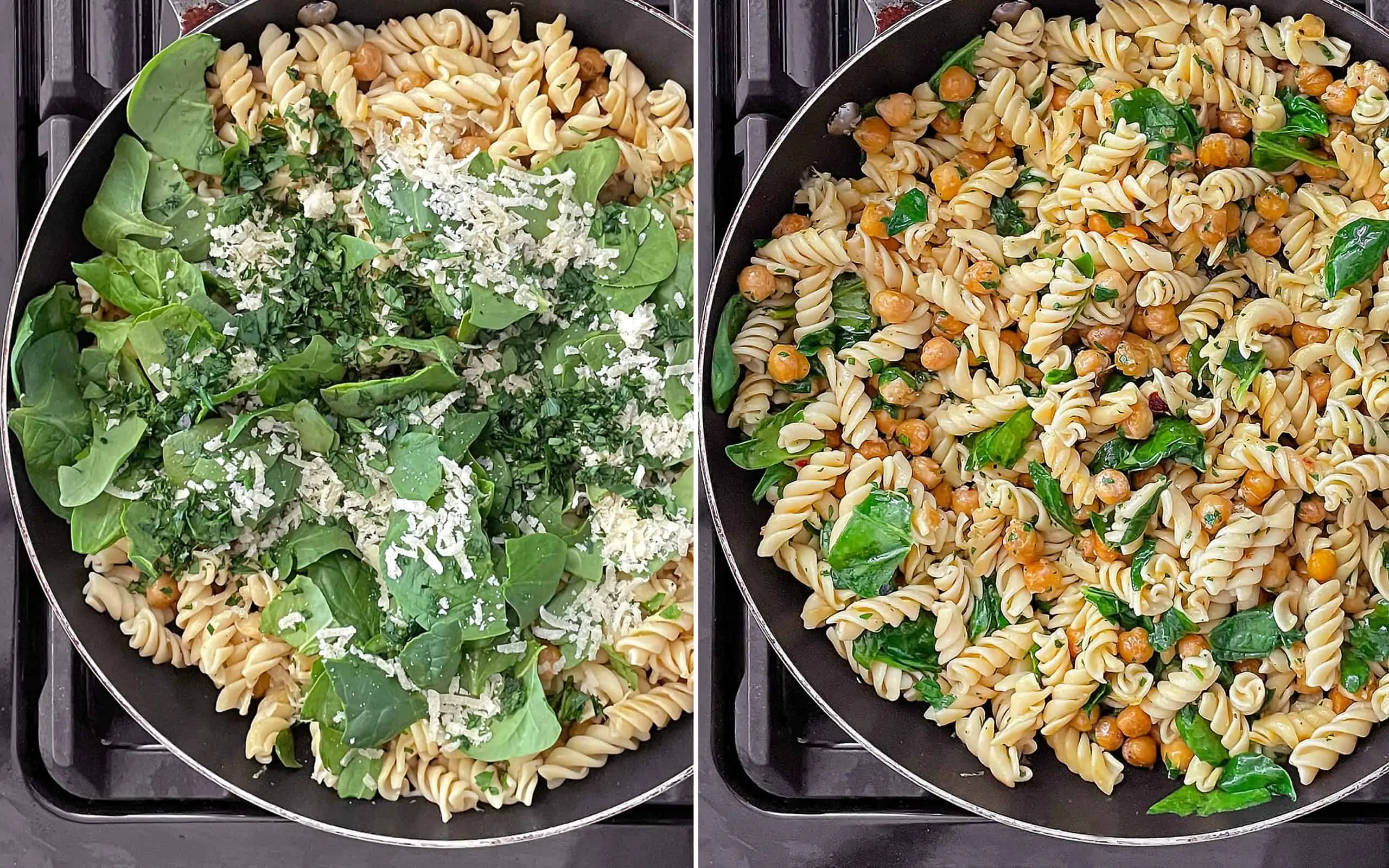Stir the spinach into the pasta and chickpeas in the skillet, letting the greens wilt.