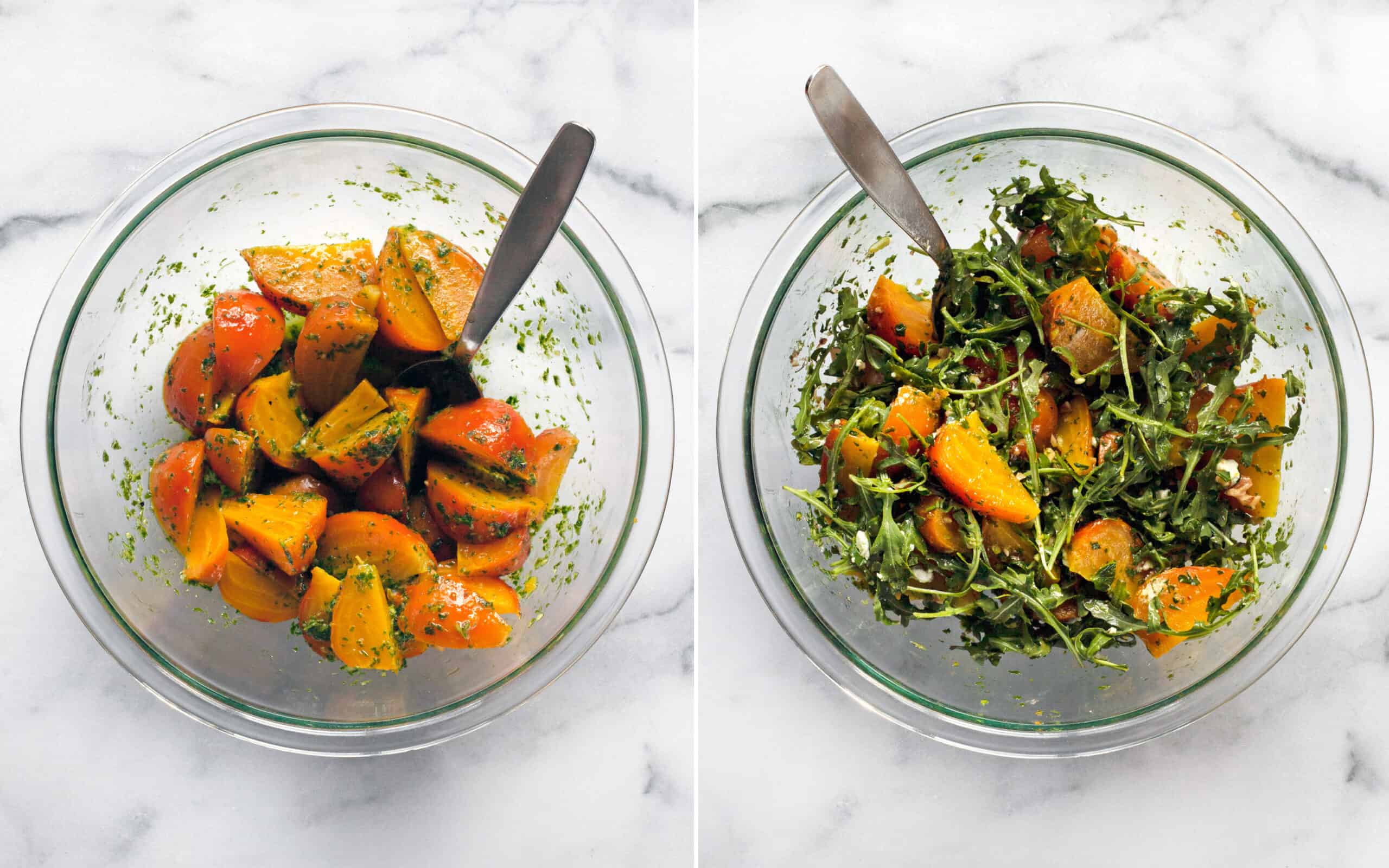 Stir the beets into the vinaigrette in a bowl. Then add the rest of the salad ingredients.