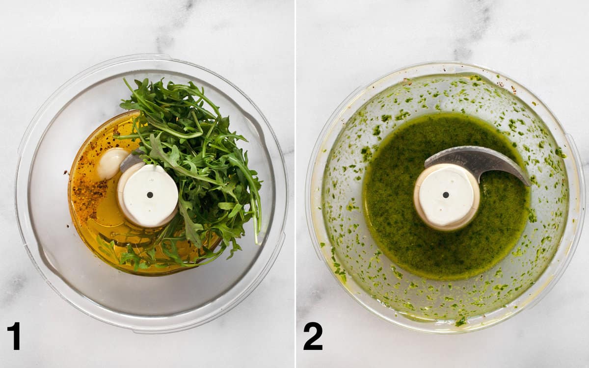 Arugula vinaigrette in a food processor bowl before and after it is pureed.