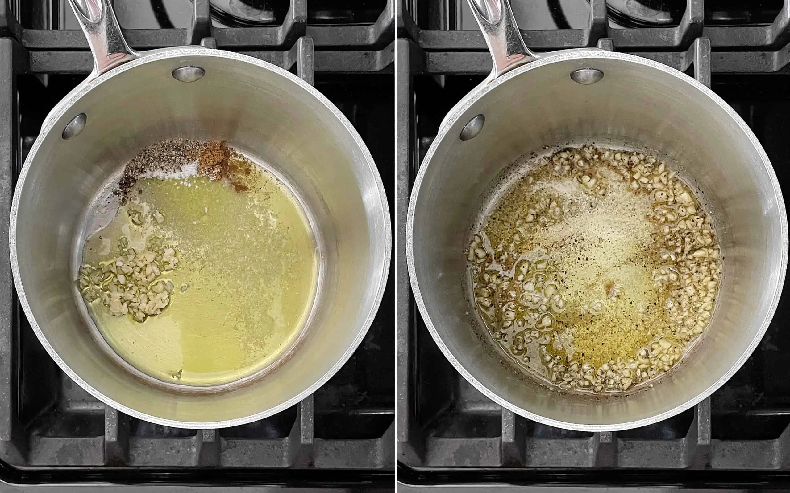 Heat the olive oil in a small pot on the stove. Saute the garlic and spices in the oil.