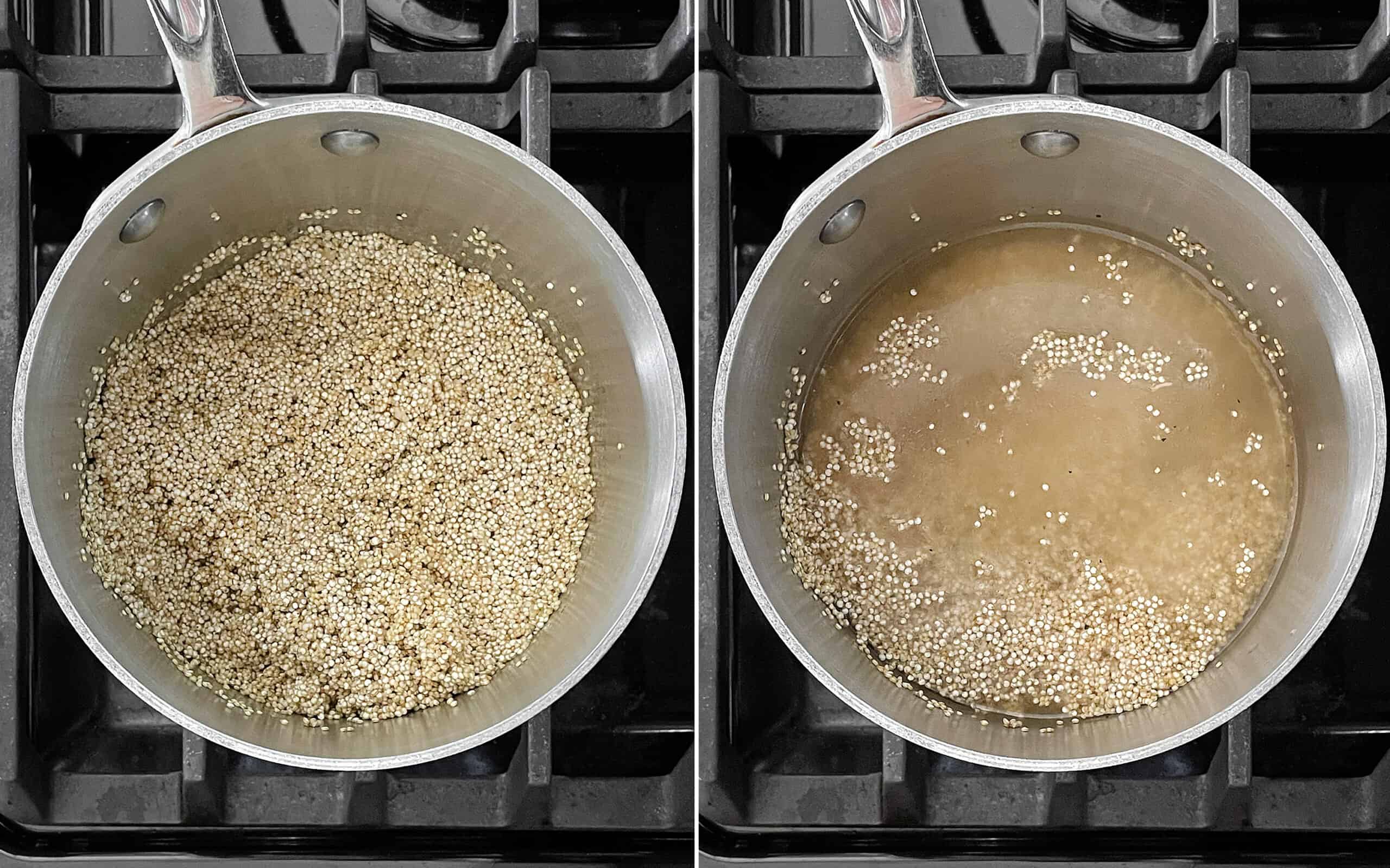 Toast the quinoa in the pot on the stove. Then pour in the water.