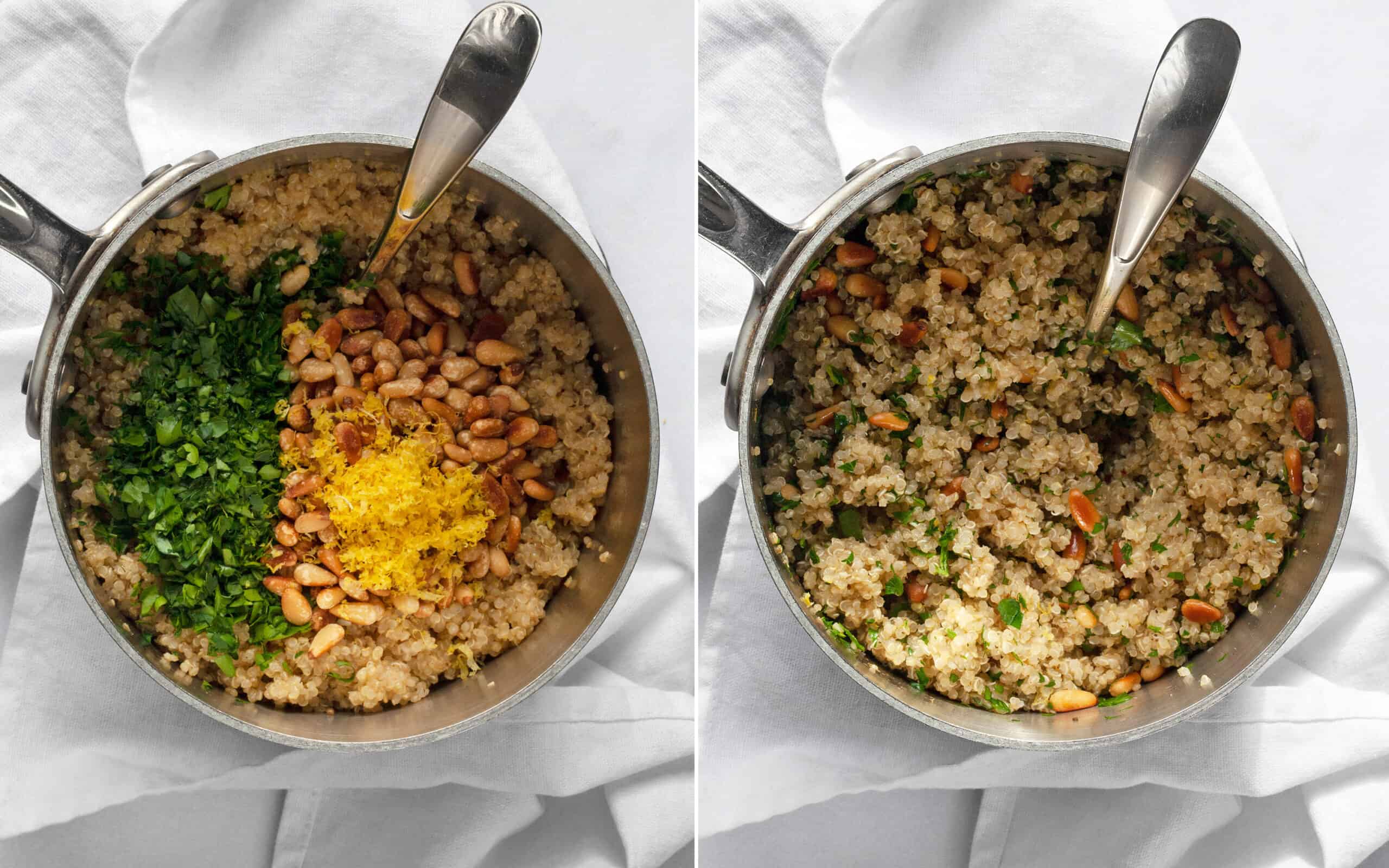 Stir the parsley, lemon juice and zest and pine nuts into the cooked quinoa in the pot.