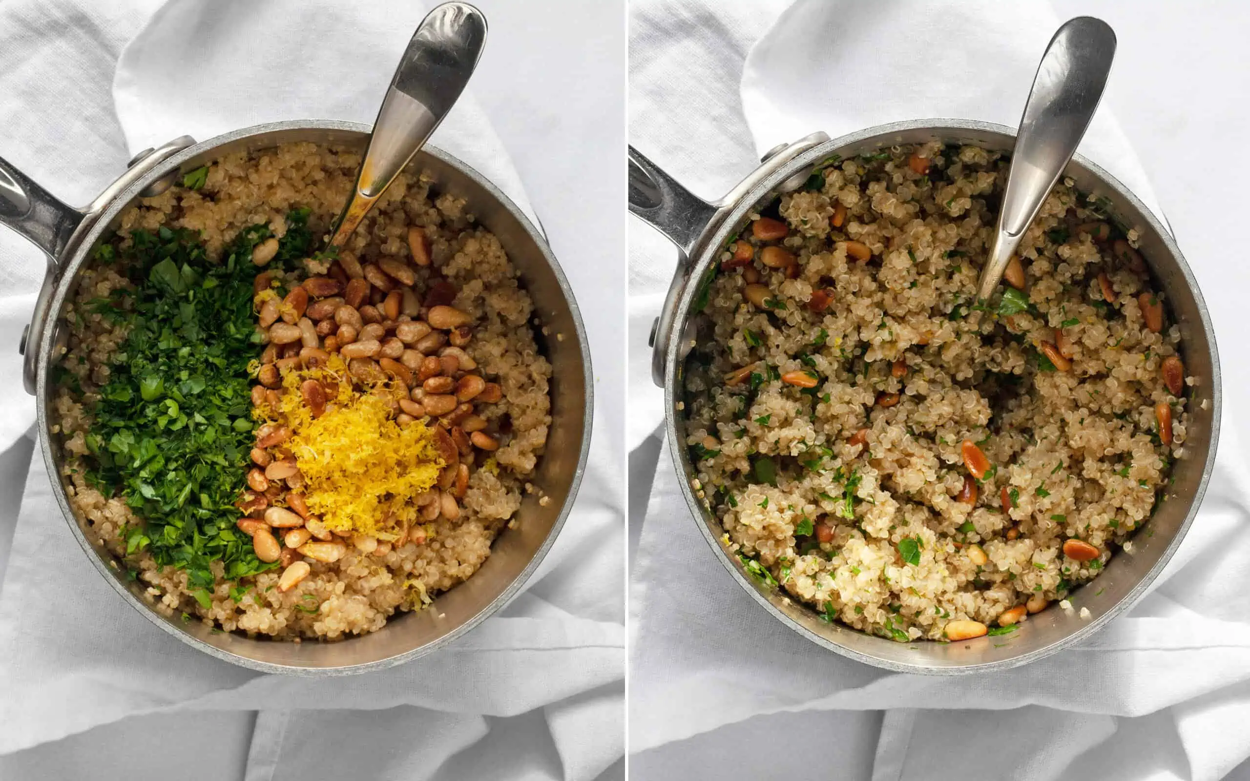 Stir the parsley, lemon juice and zest and pine nuts into the cooked quinoa in the pot.