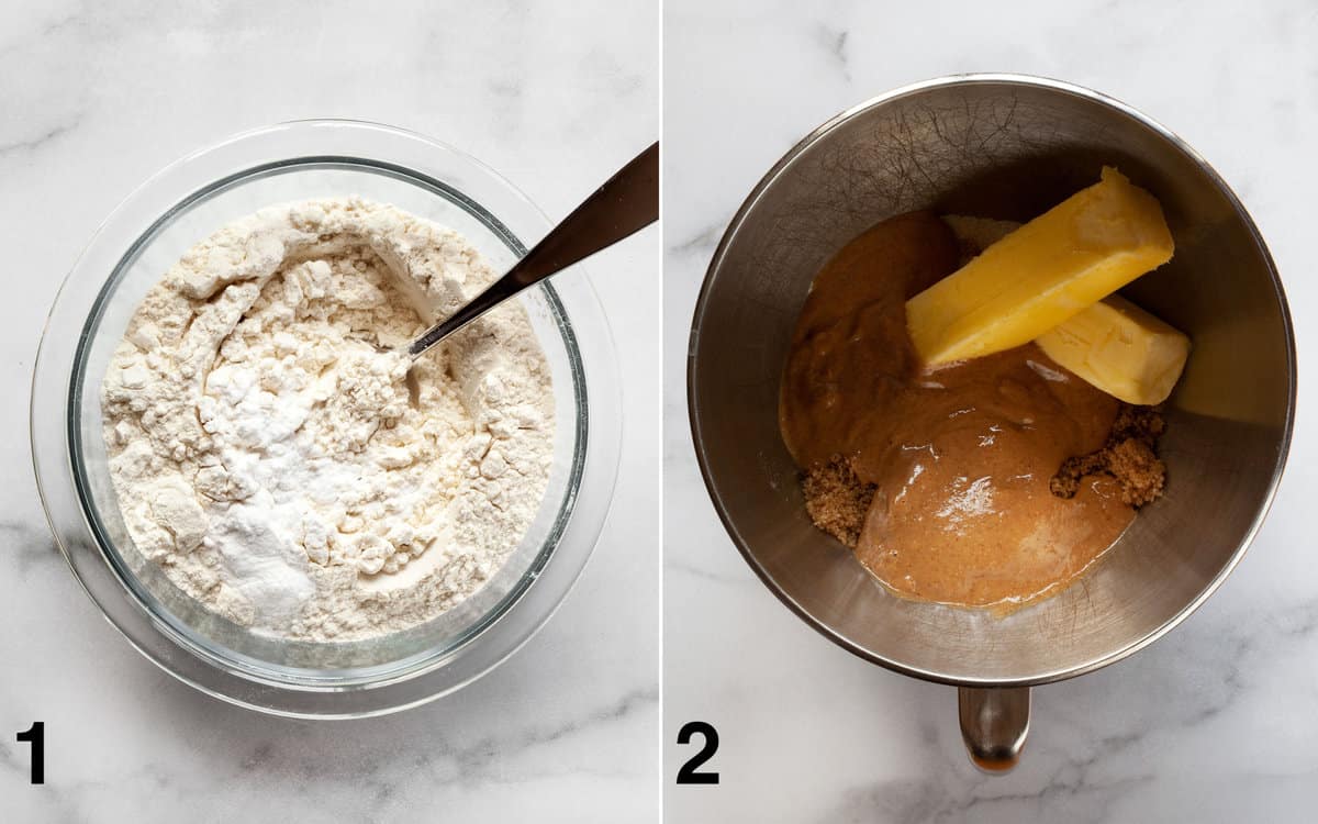 Dry ingredients combined in a medium bowl. Butter, peanut butter and both sugars in another bowl.