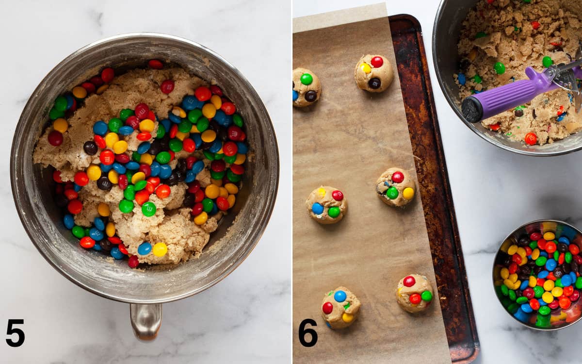 m&ms mind into cookie dough. Portioning out cookie dough balls on pan.