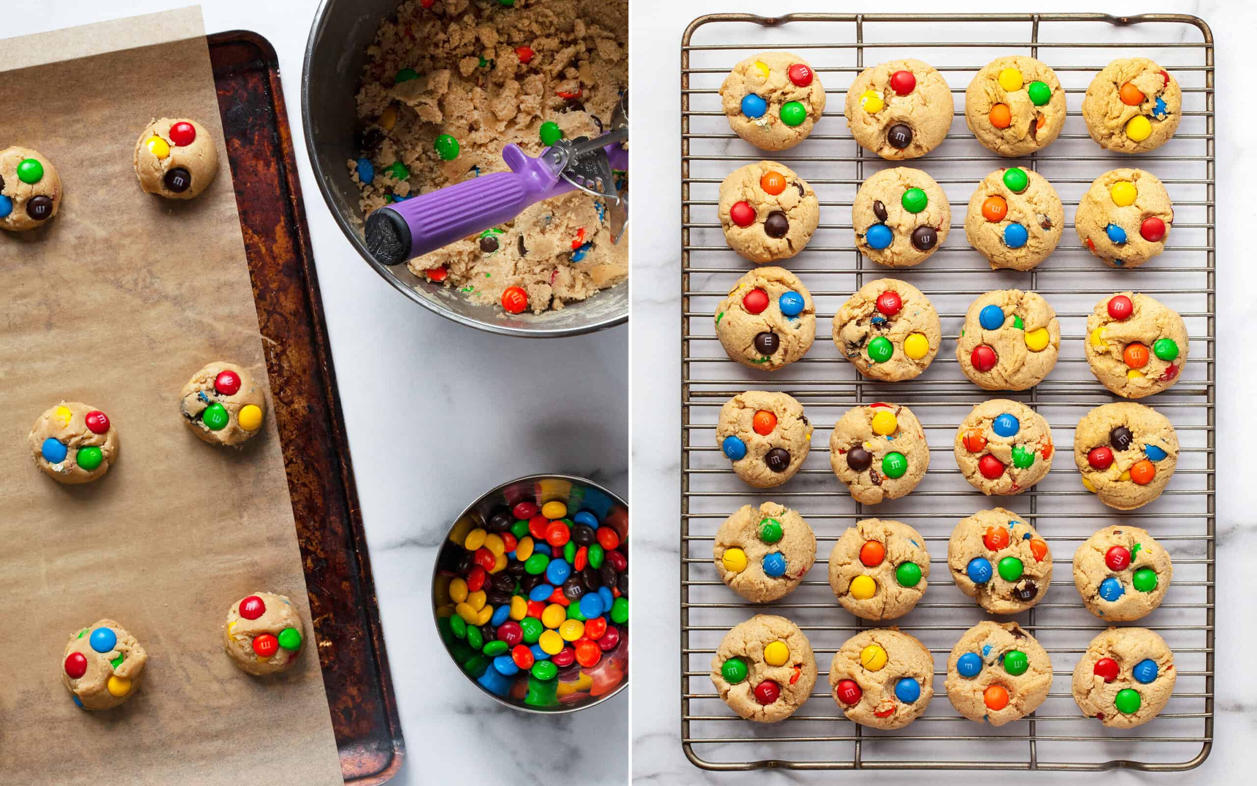Use a cookie scoop to portion out the dough on a sheet pan and press M&Ms into the dough balls. After the cookies are baked, cool them on a wire rack.