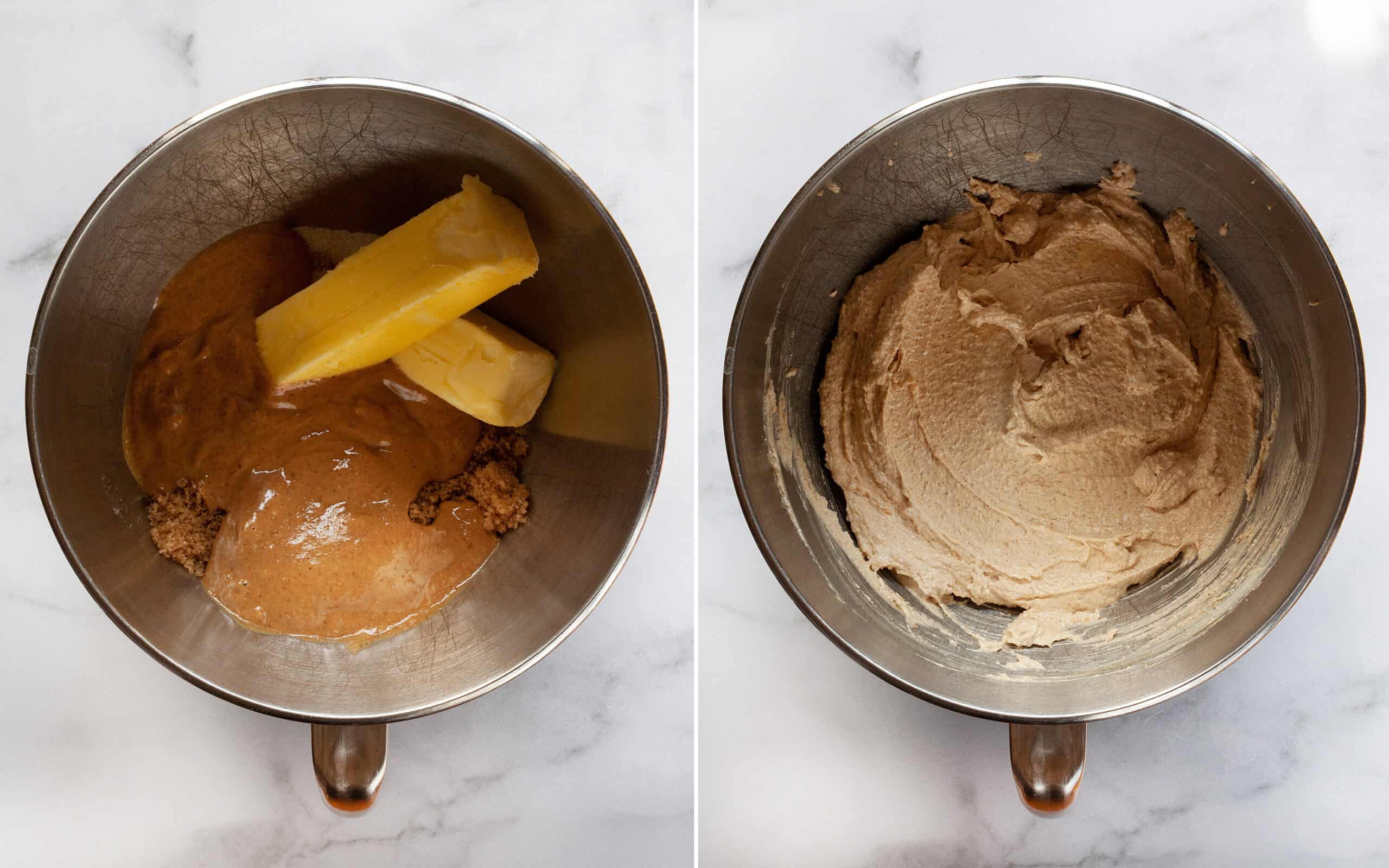 Before and after: creaming the peanut butter, butter, sugar and brown sugar in a bowl.